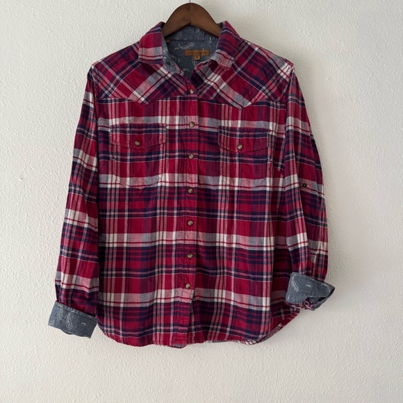 Plaid Flannel Shirt Medium Red Blue Button Up Roll Tab Western Jach's Girlfriend - Picture 13 of 13
